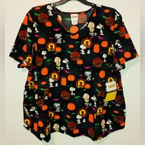 Peanuts Charlie Brown Spooky Snoopy Sz 3XL Women's V-Neck Print Scrub Top